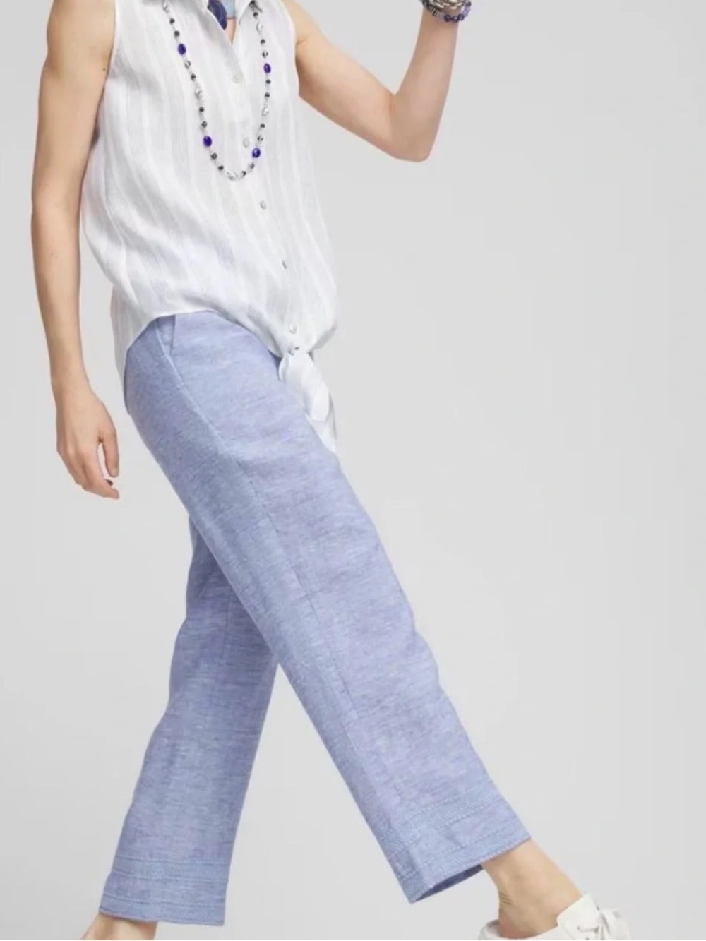 Chico's Linen Crop Pants Size 1.5/10 Light Blue Pockets Embroidered Hem Coastal